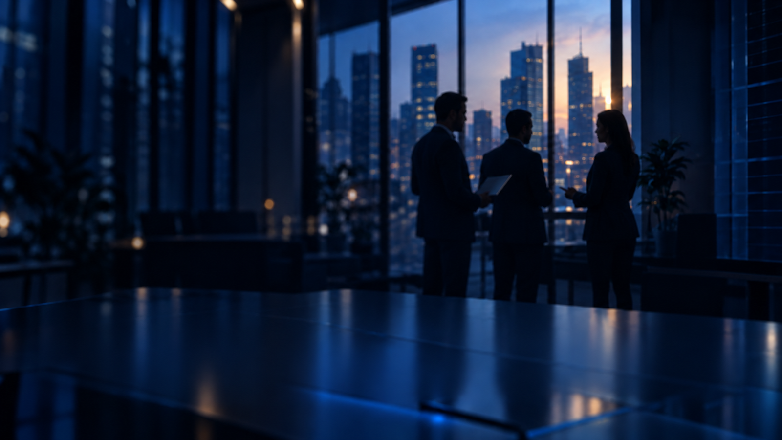 Ambiente corporativo com executivos diante da cidade